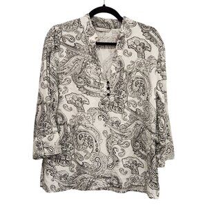 Tweeds Black & White Paisley Print Linen Blouse Womens Size XL